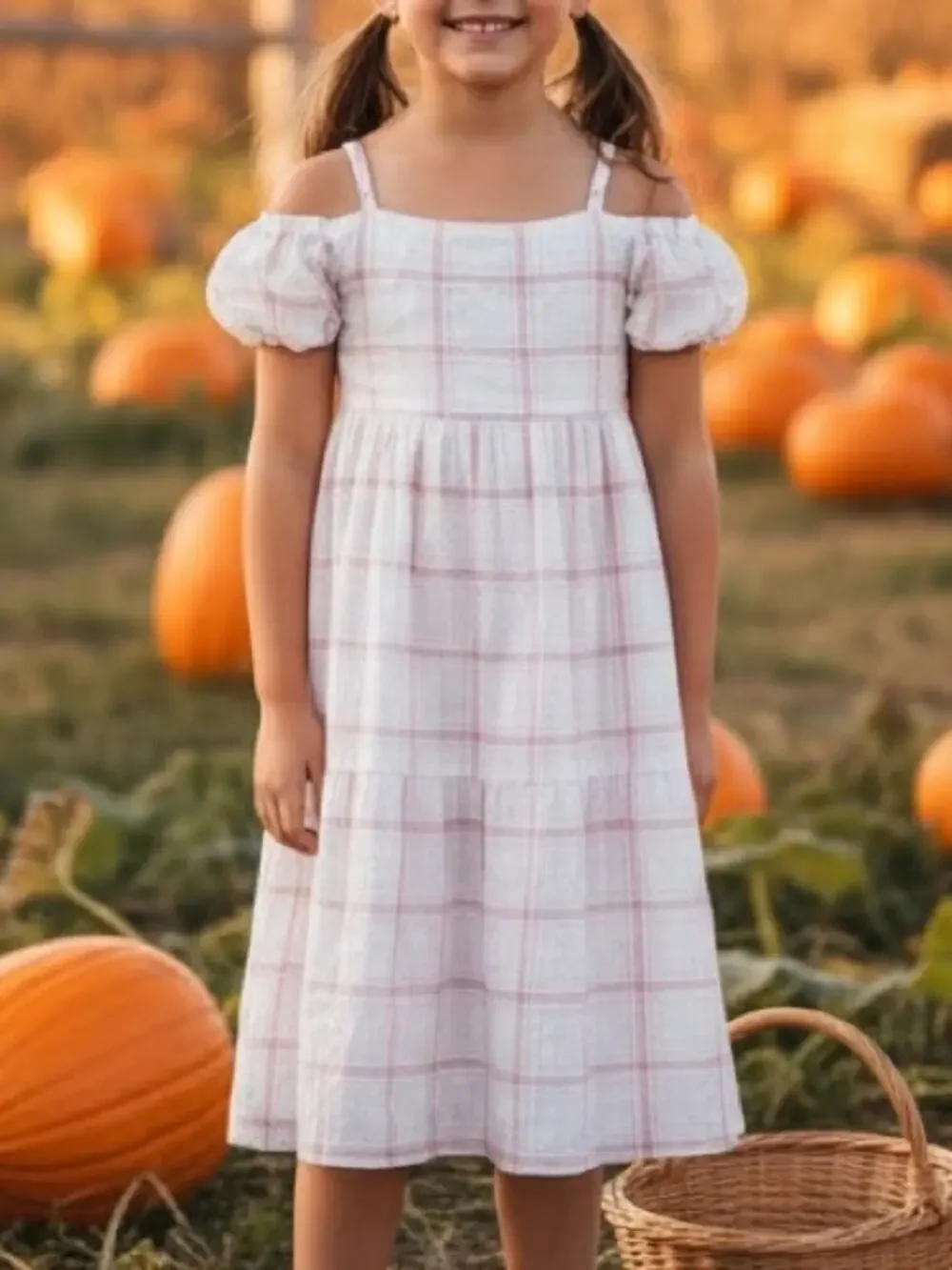 Cat Jack Girls Cold Shoulder White Dress with Pink Windowpane Plaid Medium 8